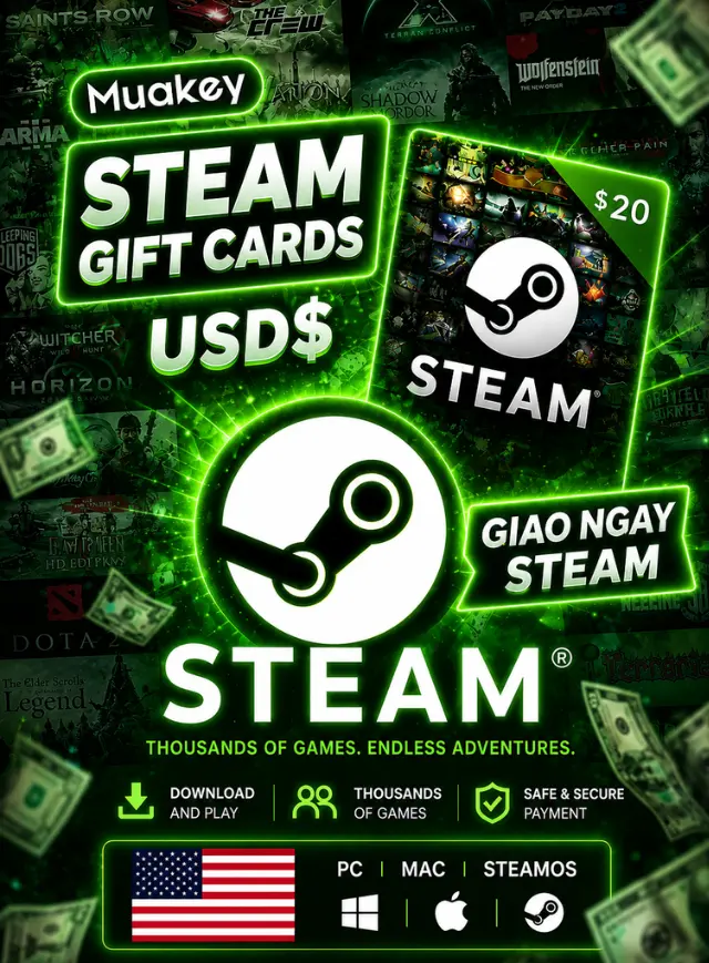 USD Steam Wallet Card Sẵn - Cần mua gói chuyển vùng nếu sử dụng ở VN
